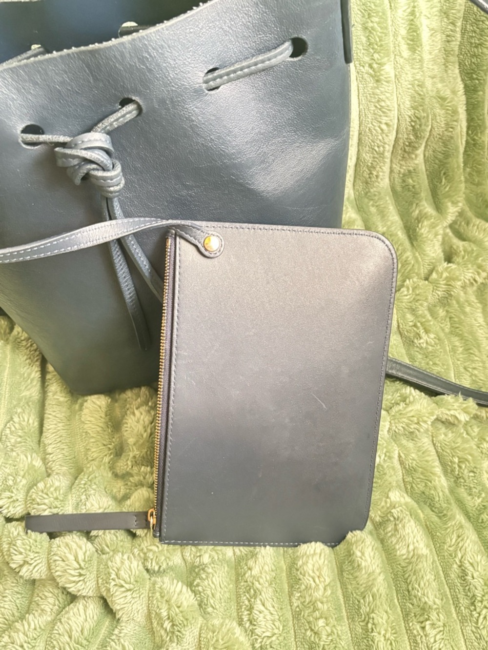 MANSUR GAVRIEL NAVY BLUE LEATHER MINI BUCKET BAG with WALLET - Picture 8 of 14